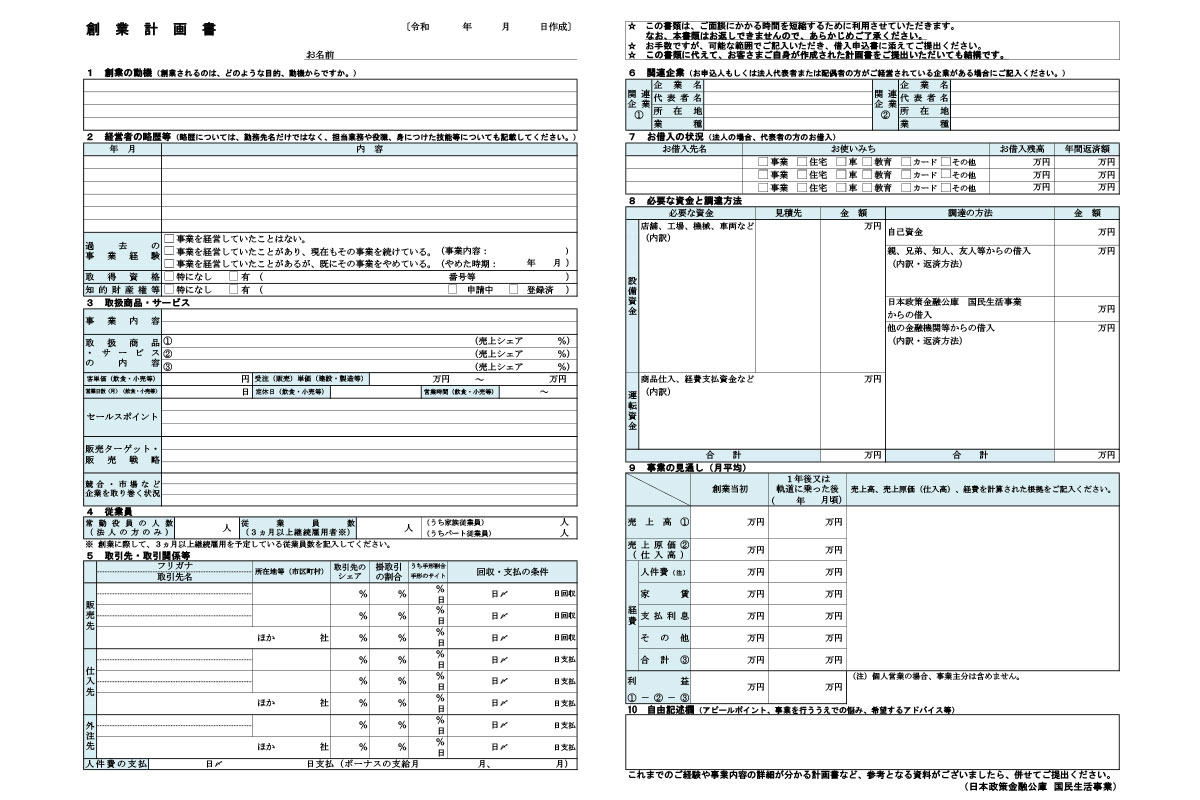 飲食店の事業計画書に使えるテンプレート